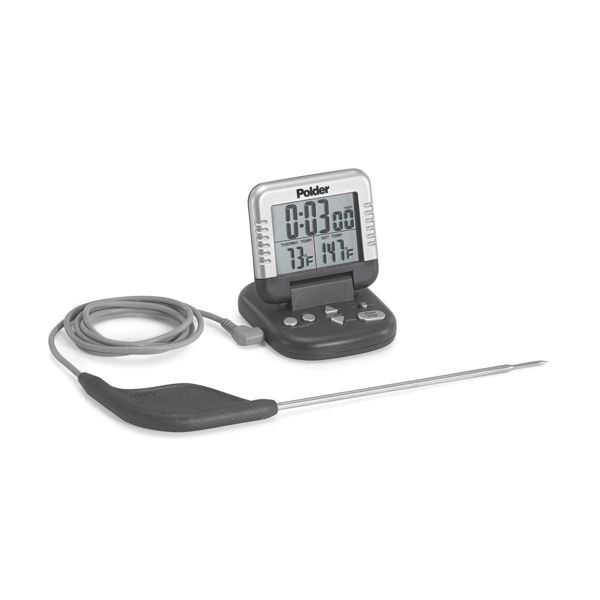 polder thm36286 oven meat thermometer with heat resistant probe and digital timer, graphite