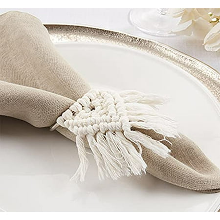 

Fennco Styles Handmade Cotton Braided Tassel Napkin Rings Set of 4 - White Rustic Napkin Holders for Home Dining Table Banquets Farmhouse Décor Holidays and Special Events