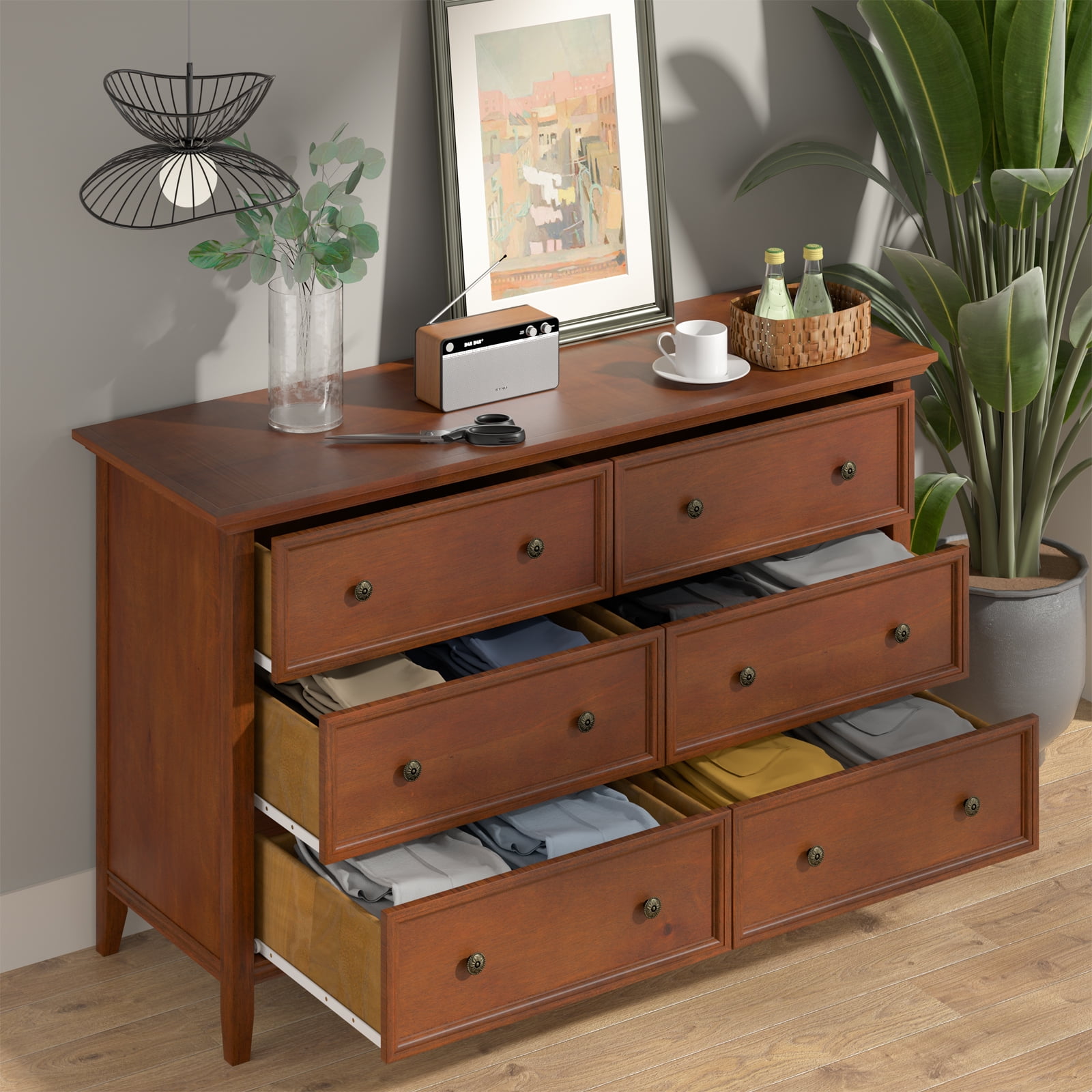 IKENO 6 Drawers Wood Dresser, Caramel Solid Wood Chest of Drawers, 6 Drawer  Storage Dresser for Bedroom (Caramel) 