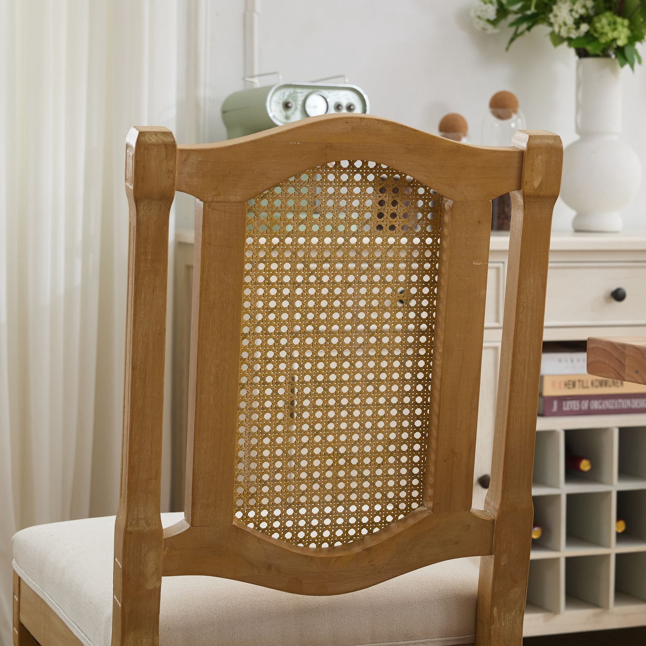 Noble House Set of 2 Rattan-Back Dining Chairs, Linen Seat, Solid Wood Frame, Beige