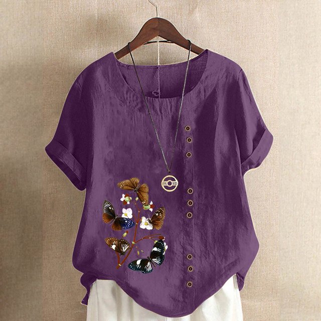 Pisexur Hauts pour Femmes en Coton et Lin Été Décontracté Imprimé Papillon Blouses Oversize Col Rond Tunique Ample Manches Courtes Hauts Chemises Grande Taille