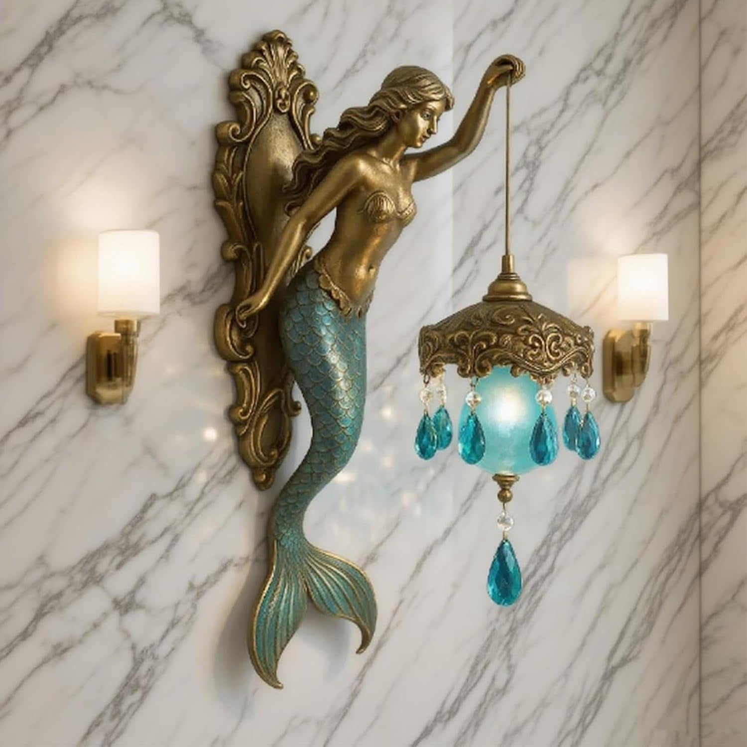 Mermaid Wall Lamp, 8/12 Inch Vintage Base Design Night Light, Vintage Ocean-Themed Night Light, Vintage Style Bedroom Hotel Restaurant Decorative Wall, for Bedroom, Living Room, Bathroom