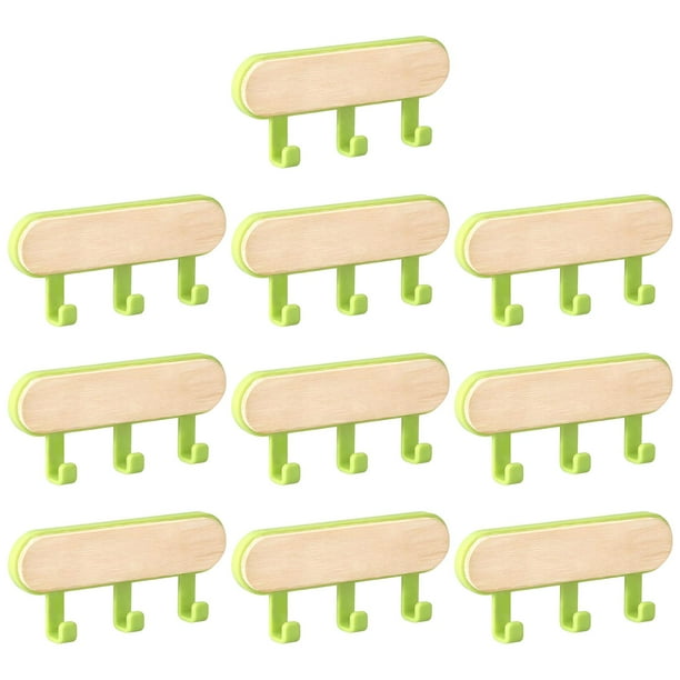 Perchero de pared de madera multifuncional, adhesivo, portátil, para el hogar, 10 unidades 3 Ganchos Verde