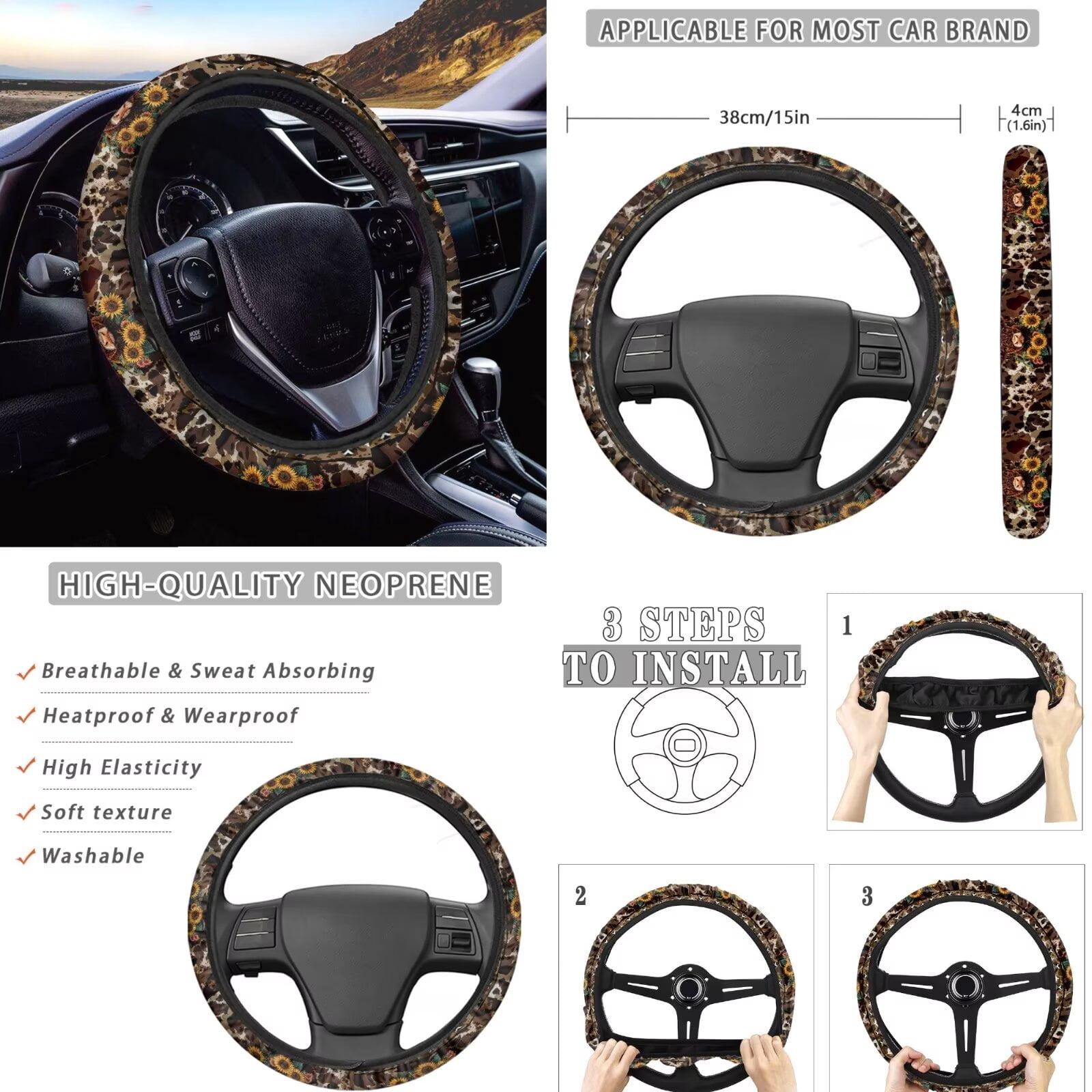 FKELYI American Tribal Sunflower Highland Cow Print 16 Pcs Auto Interior Set Car Seat Covers with Steering Cover Seat Belt Pads Armrest Pad Coasters Headrest Handbrake Covers Gear Shift Knob Sleeve