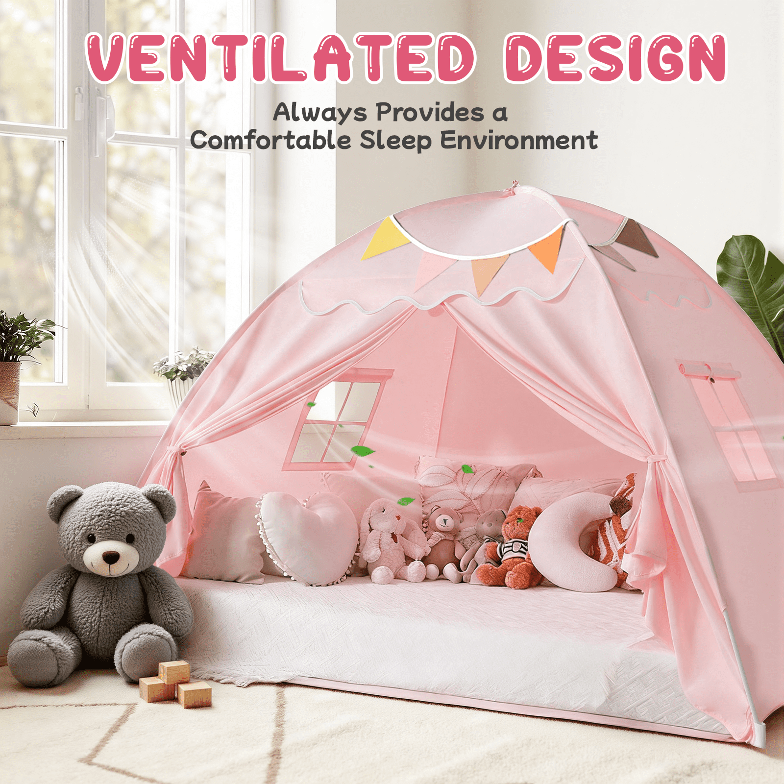 SweHouse Toddler Bed Canopy Lights & Flags Sleeping Playhouse Tent, Portable Indoor Privacy Play Space. Foldable Drafty Room Tent for Boys & Girls, Kids Birthday Gifts Golden Beige Large Size (Pink)