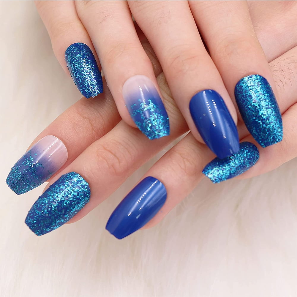 Levamdar Blue Gradient Fake Nails, 24 Pcs Medium Coffin Press on Nails Ballerina Full Cover