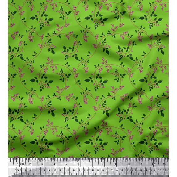 Soimoi Green Viscose Chiffon Fabric Berries Leaves Printed Fabric 1 Yard 42 Inch Wide