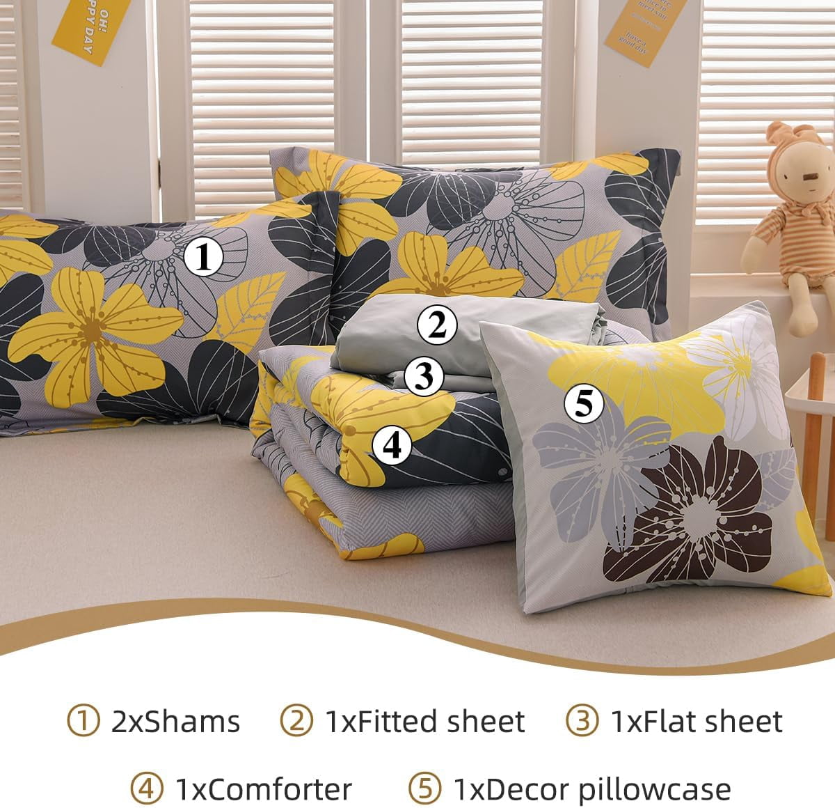 NTBED Floral Comforter Set Queen 6 PCS Bed in a Bag Yellow Flowers Printed on Grey Botanical Bedding Sets Boho