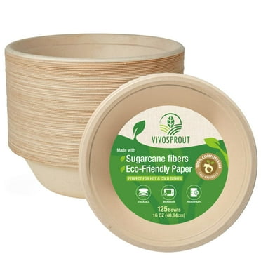 VIVOSPROUT Disposable Compostable Paper Bowls (Natural Brown, 16oz -125pk)