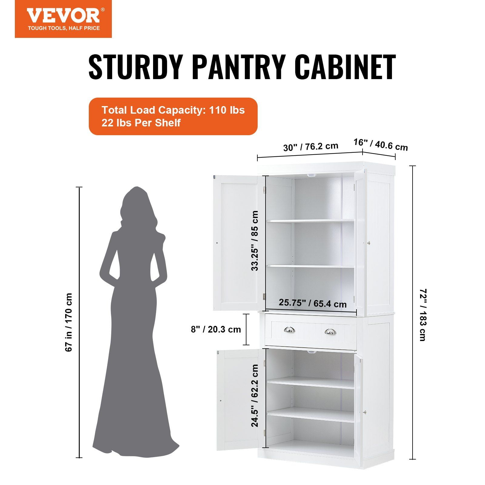 72 Inch Kitchen Pantry Cabinet with Doors, 3-Tier Adjustable Shelves & Drawer, White Freestanding Storage for Food, Living Room