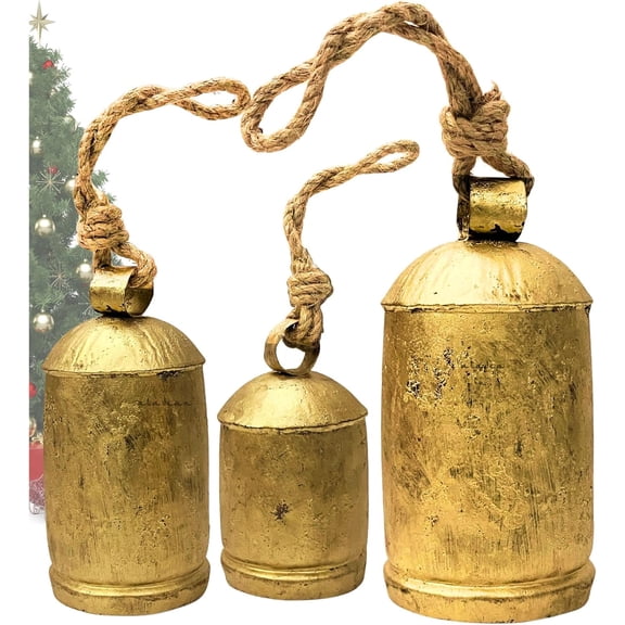 Decorative Cow Bells Set of 3 Large Harmony Bells - Vintage Giant Christmas Bells, Country Rustic Cowbell on Jute Rope XL Hanging Lucky Golden Bells (4"-6"-8")