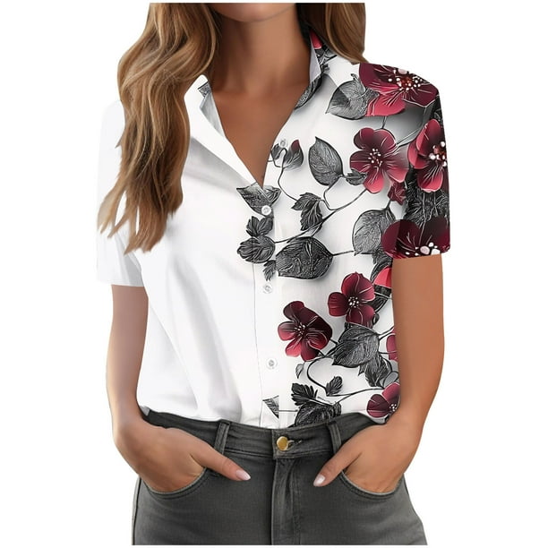 Pantalones Cortos para las Mujeres Impresión Sexy Cómodo Bolsillo de Manga Corta, Botón Top Blusa Camiseta