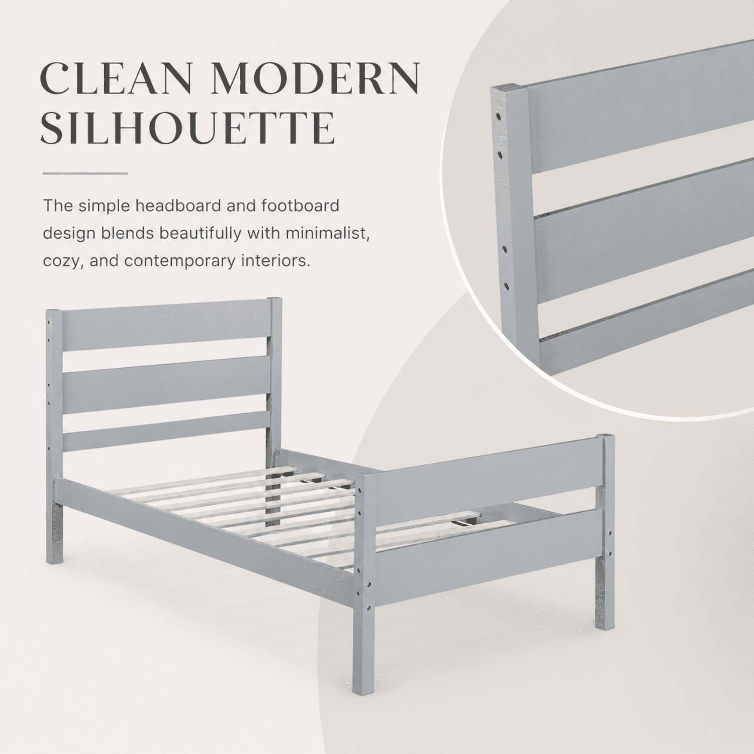 Miniyam Twin Bed Frame, Solid Rubber Wood Platform Bed with Headboard and Footboard, Gray