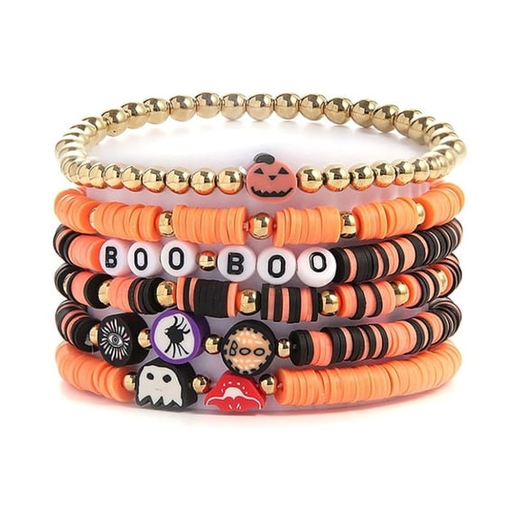 6-Piece Halloween Bracelet Set, Orange Black Stackable Beaded Wristbands with BOO Letter Beads, Pumpkin Ghost Spider and Eyeball Designs for Halloween Parties and Costumes