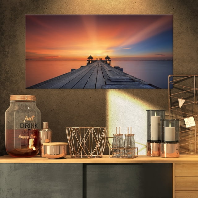 Wooden Bridge under Illuminated Sky - Pier Seascape Canvas Art Print