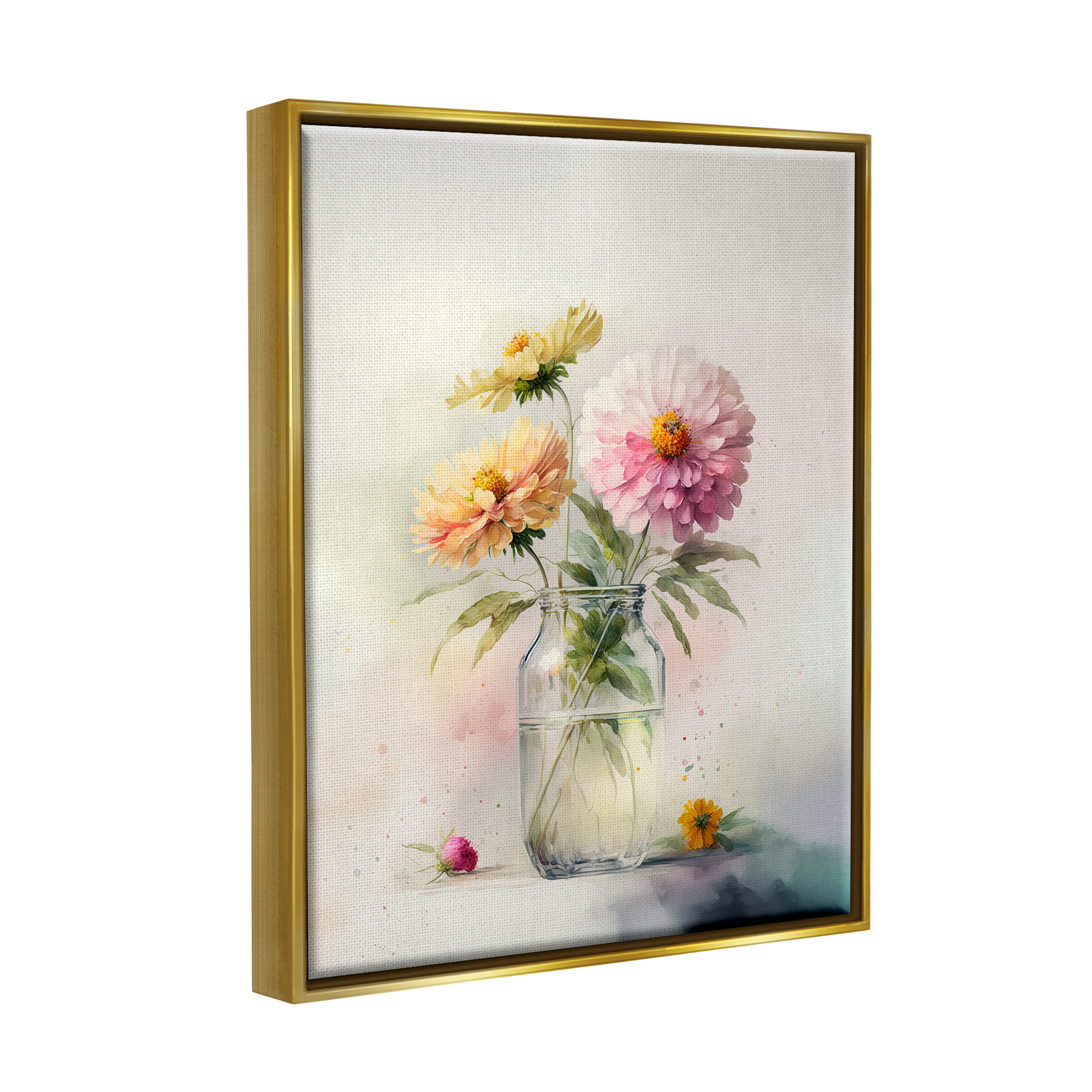 Stupell Industries Pink & Yellow Dahlias Botanical & Floral Painting Gold Floater Framed Canvas Art Print Wall Art, 17 x 21