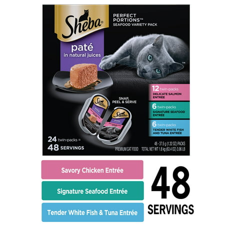 (24 Pack - 48 Servings) SHEBA PERFECT PORTIONS Wet Cat Food Pate Signature Seafood, Delicate Salmon, and Tender Whitefish & Tuna Variety Pack, 2.6 oz. Easy Peel Twin-Pack (The Best Wet Cat Food Brand)
