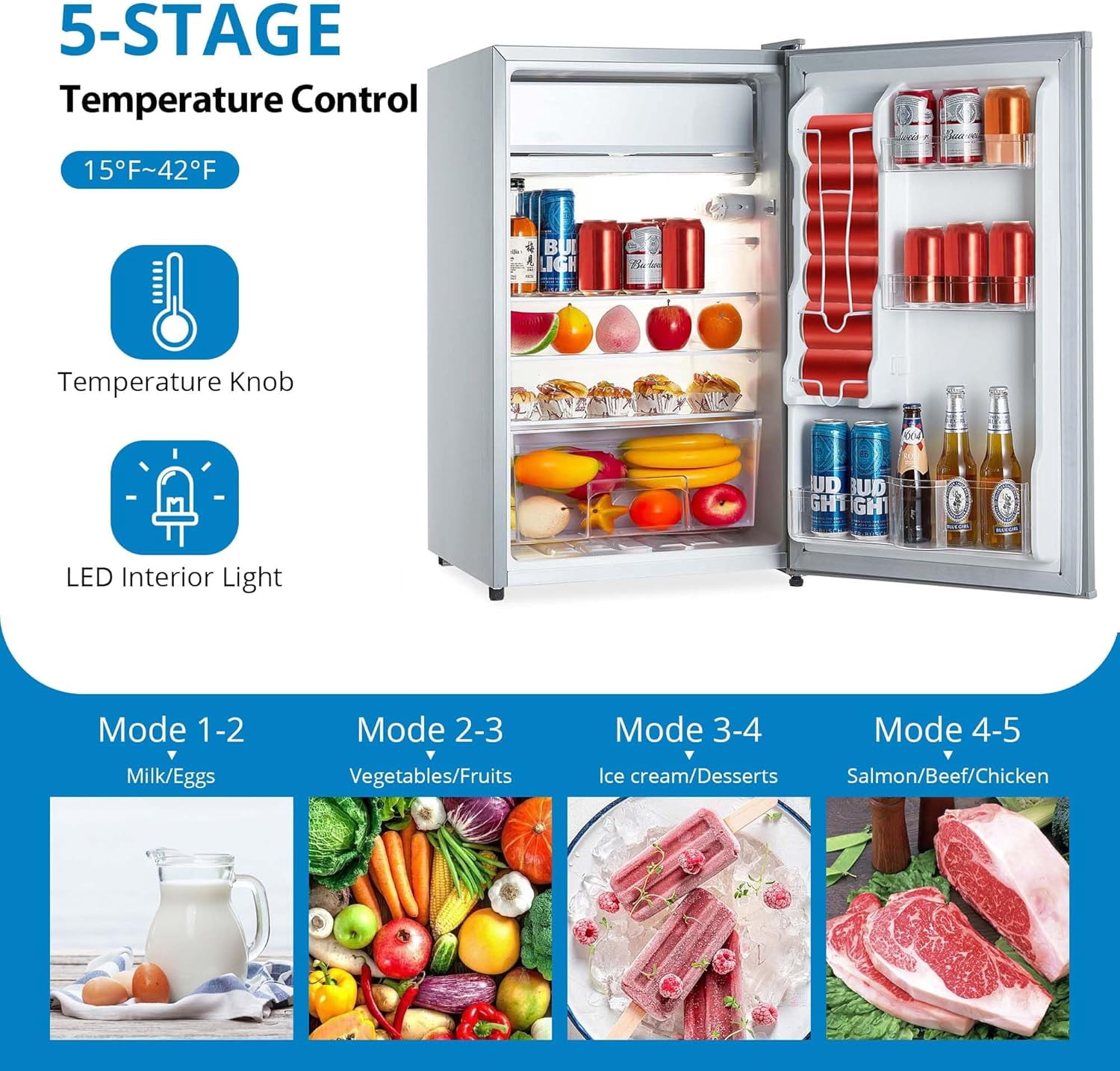 4.3 Cu. Ft Mini Fridge with Freezer - Space-Saving Design, Adjustable Temperature, Organized Storage, Crisper Drawer, Removable Glass Shelves, Ideal for Compact Spaces, Grey