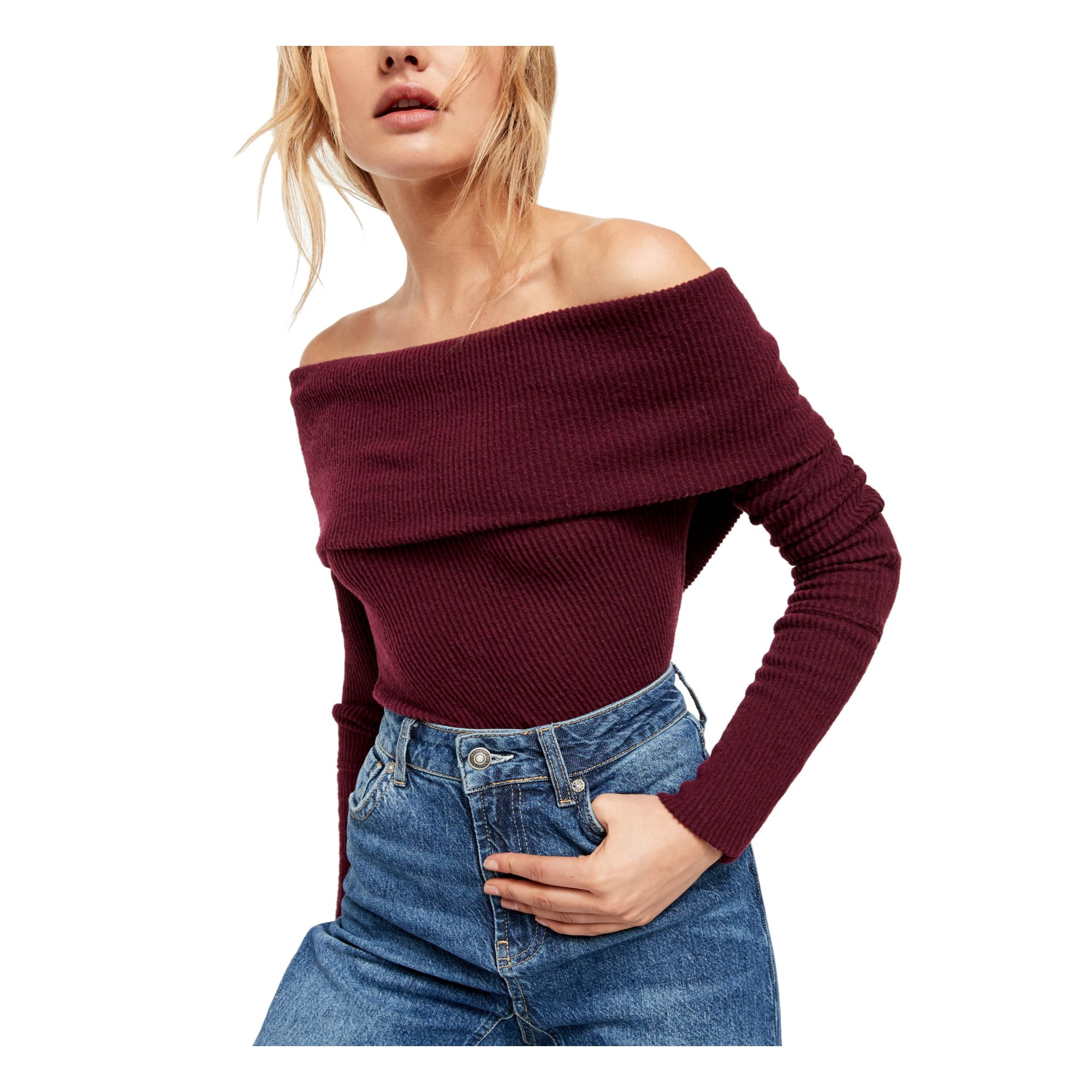 FREE PEOPLE Womens Burgundy Long Sleeve Off Shoulder Top Size: M -  Walmart.com