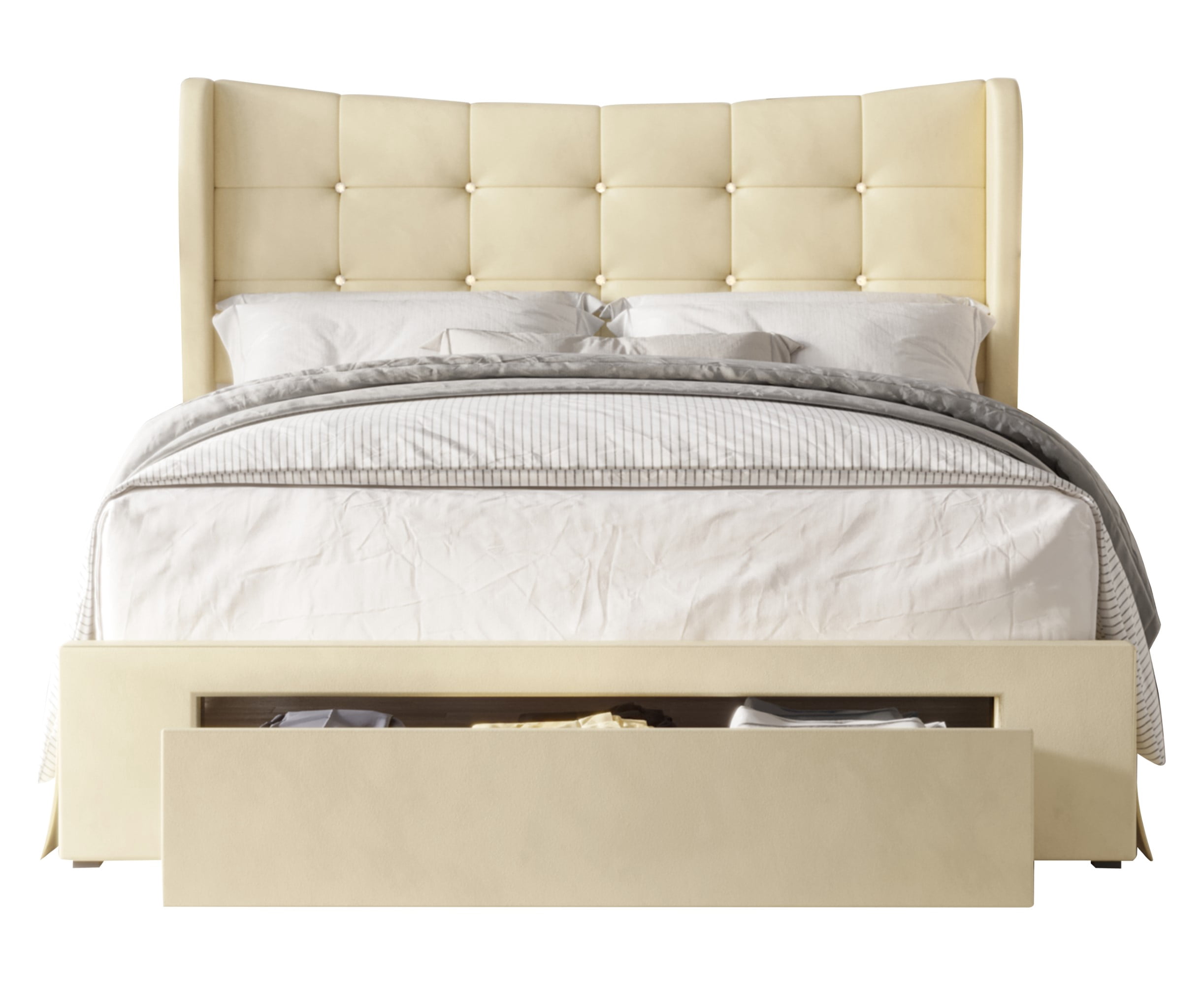 Home Design Bennett Tufted Upholstered Queen Storage Platform Bed with Drawers, Modern Beige Fabric Bed Frame for Bedroom