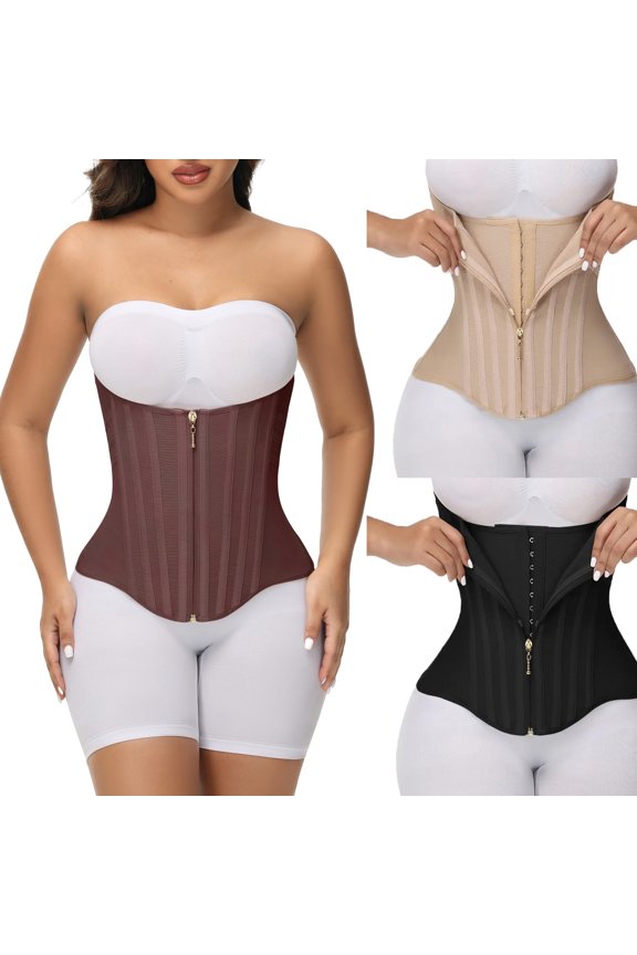 Waist Trainer Women Hourglass X-Shaped Tummy Control Corset Vest 15 Steel Bones & Crisscross Back Strap Posture Support, Zipper & 3-Row Hooks Black L