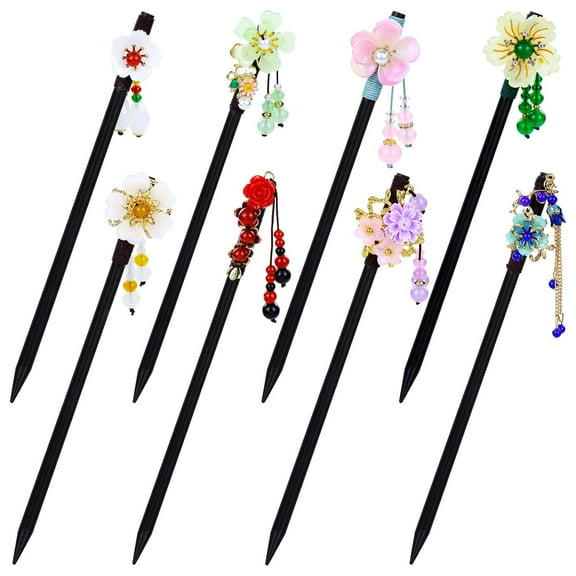 8 Pieces Retro Asian Chinese Traditional Hanfu Butterfly Flower Wooden Hair Sticks Pins with Bead Pendants Hair Chopsticks Forks Bun Updo Holders for Women Girls