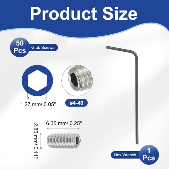 ZANHUA-#4-40x1/4 Internal Hex Socket Set Grub Screws, 50 Pcs 304 Stainless Steel Cup Point Set Screw with Hex Key Wrench for Door Handles Bathroom Fixtures