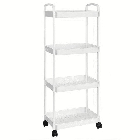 4-Tier Plastic Rolling Utility Cart with Handle, Multi-Functional Storage Trolley for Office, Living Room, Kitchen, Movable Storage Organizer with Wheels, White