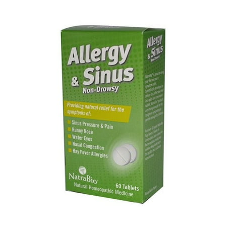 NatraBio Allergy & Sinus Homeopathic Formula | For Temporary Relief of Sinus Pressure & Pain, Congestion, Hay Fever Allergies | Non-Drowsy | 60 Tabs