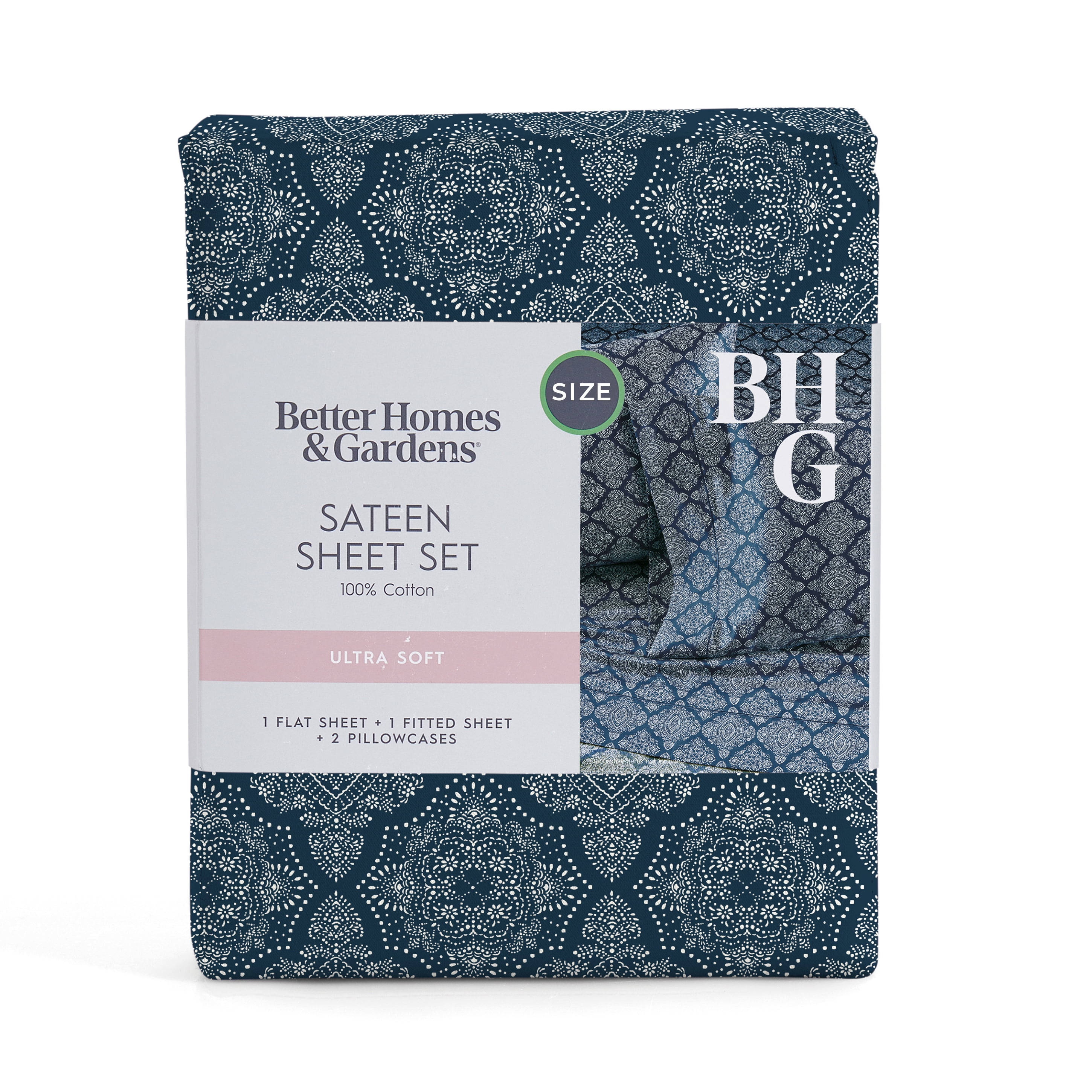 Better Homes & Gardens 3-Piece 400 Thread Count Navy Ogee Performance Bed Sheet Set, Twin