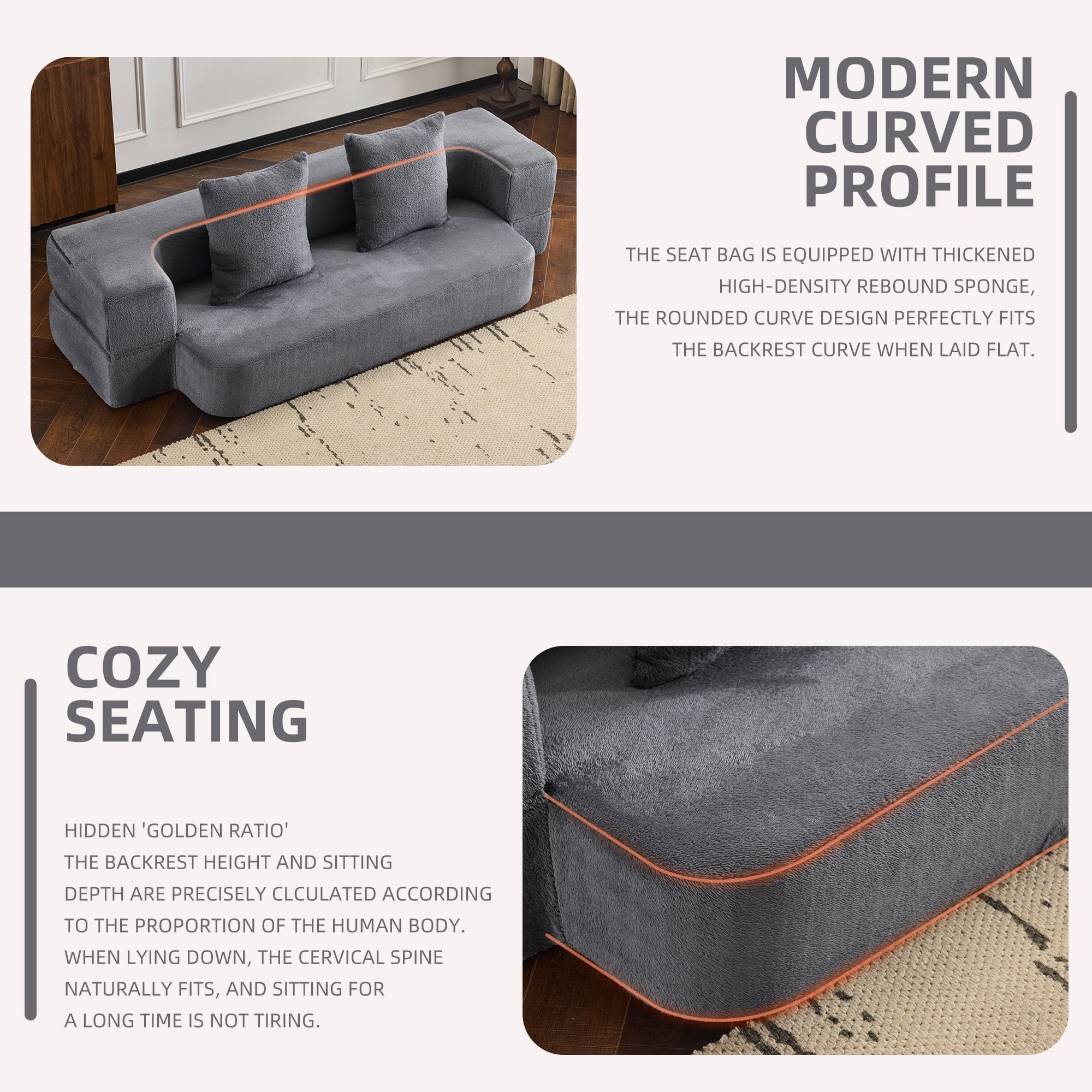 Jopath 75'' Futon Sofa Bed, Foldable Mattress Sofa Couch with Pillow Back & Armrest, Faux Fur Floor Couch Lounge Sleeper Sofa Bed for Living Room/Bedroom,No Assembly Required,Gray