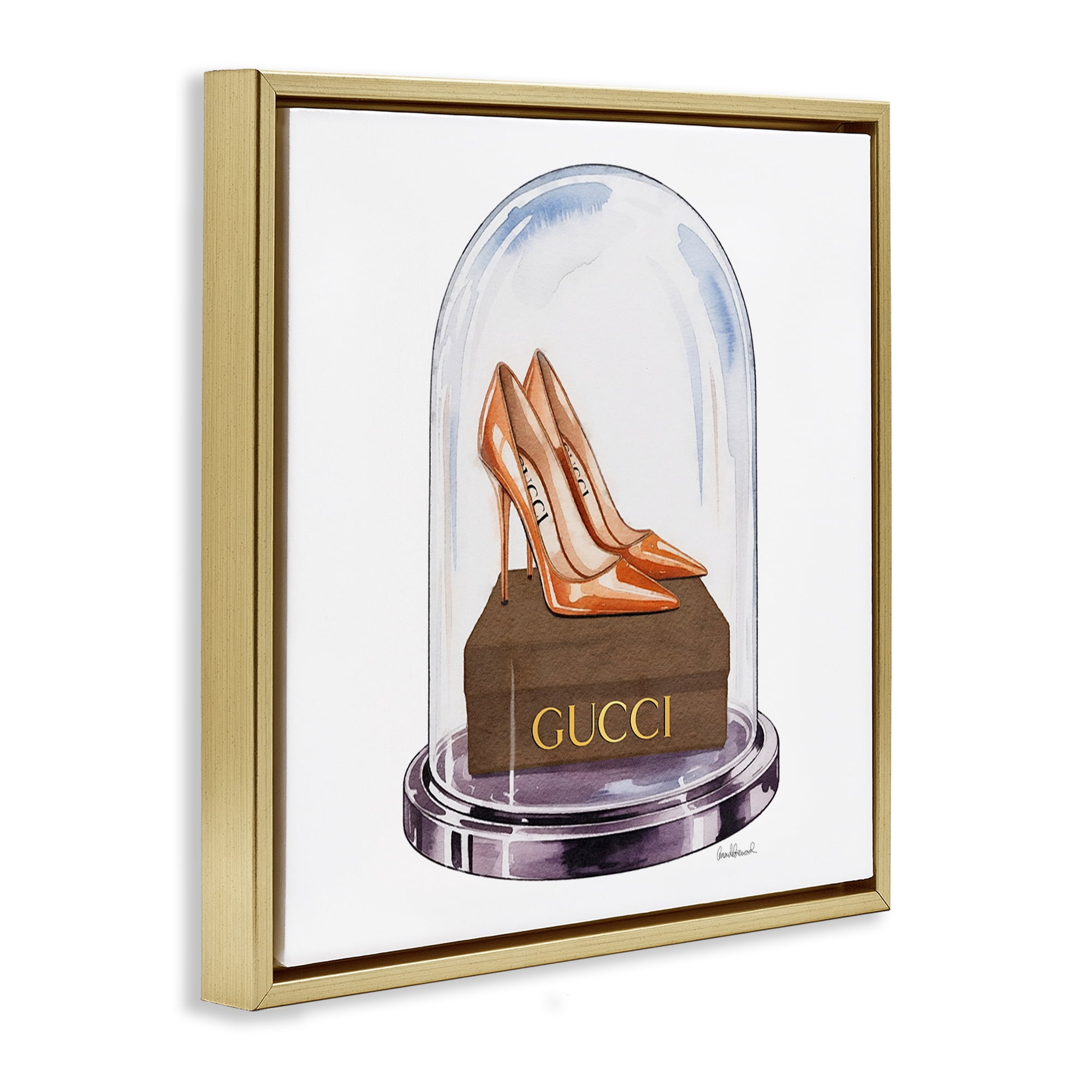 Stupell Industries Satin Heels in Bell Jar Gold Framed Floater Canvas Wall Art, design by Amanda Greenwood