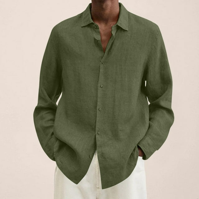 EGNMCR Chemises à Manches Longues pour Hommes Automne Mode Décontractée Couleur Unie Bouton Col Rabattu Hauts Blouse Confortable Coton Chemises de Travail de Bureau