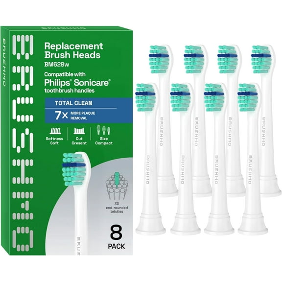 Brushmo Total Clean Compact Replacement Toothbrush Heads Compatible with Philips Sonicare Click-On Handles, Soft DuPont Bristles, BM628, 8-Pack, White