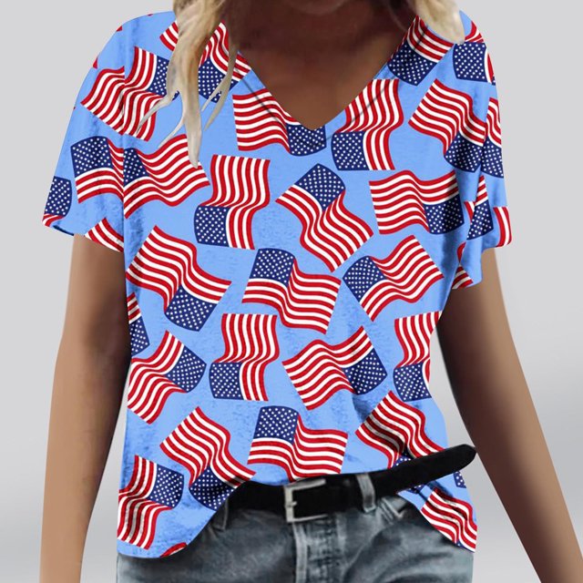 Fiudx Camisas de Mujer Camiseta de Manga Corta con Cuello En V Estampada para El Día de La Independencia Informal a La Moda para Mujer