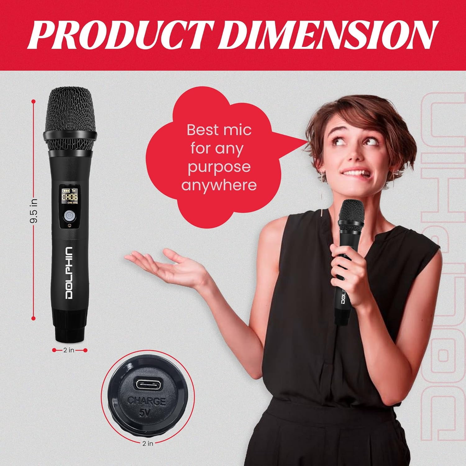 Dolphin MCX11 UHF Wireless Microphone for Karaoke, Singing, PA, Parties, Events, All-Metal, DSP, Long Range | Rechargeable, 50 Channels, Anti-Interference (Blue)