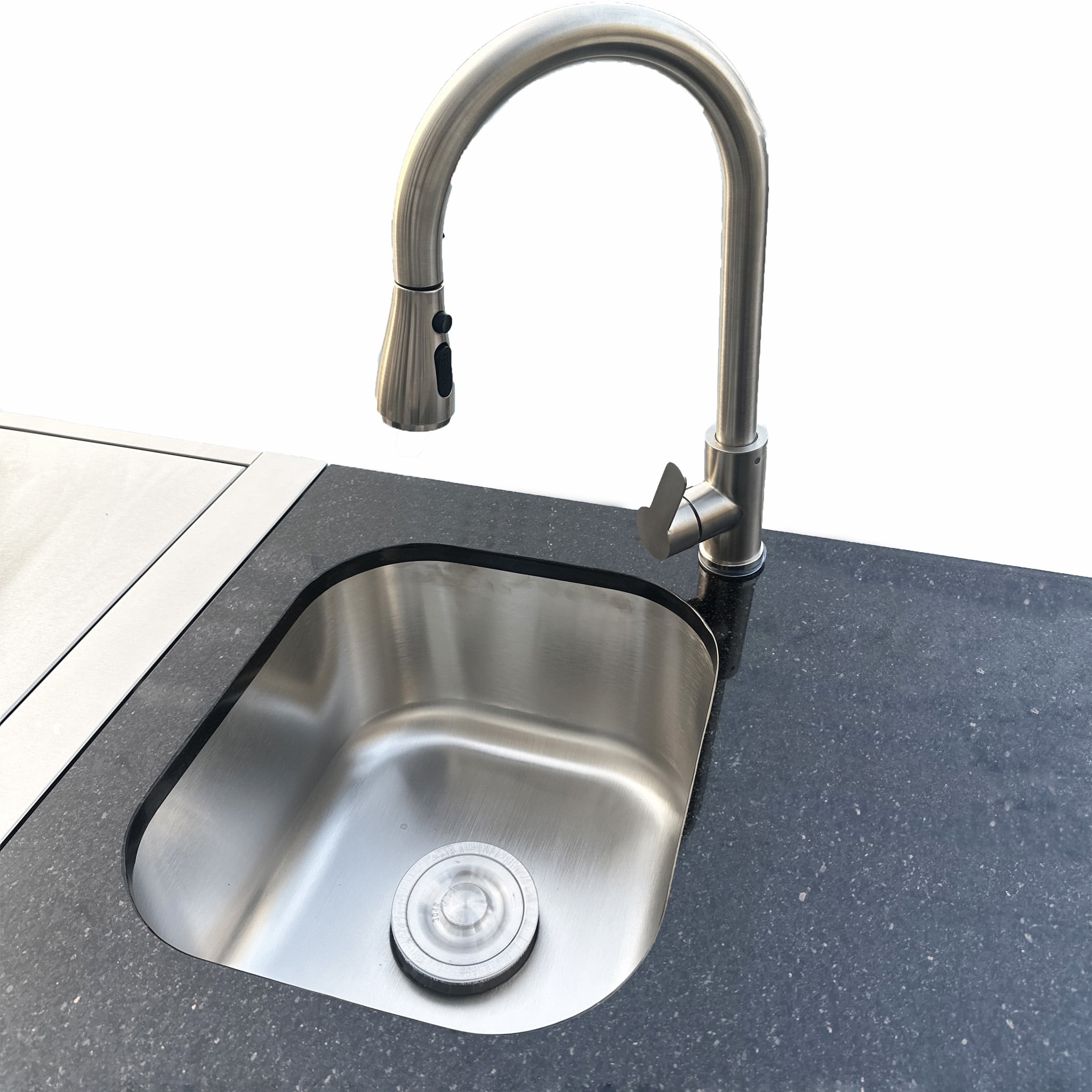 Outdoor Kitchen Sink & Fridge Combo, 70L Stainless Steel Refrigerator with Pull-Down Faucet, Black Granite Countertop, Modular BBQ Island Cleaning Station