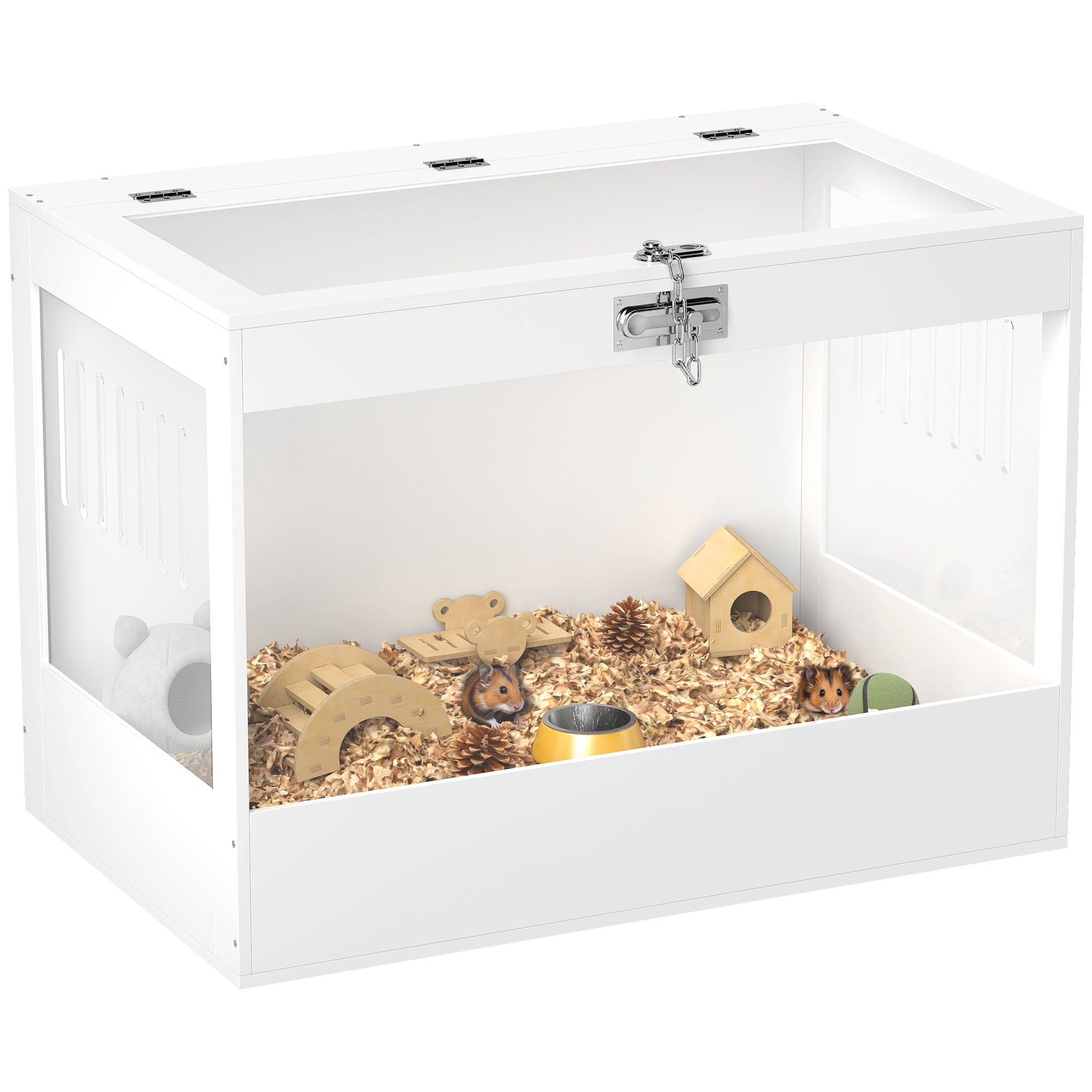 PawHut Hamster Cage with Openable Top, Hut, Seesaw, Ladder, Transparent Acrylic Panel Small Animal Habitat for Dwarf Hamster Gerbil, White