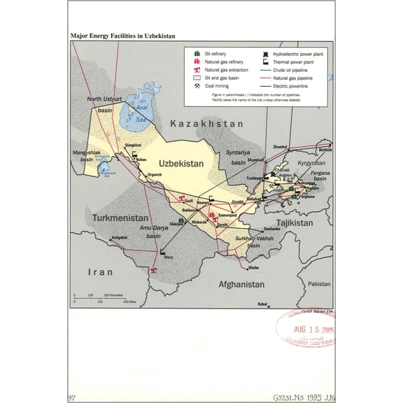 24"x36" Gallery Poster, cia map of energy facilities in Uzbekistan 1995