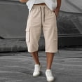 thumbnail image 2 of Long Cargo Shorts for Men Relaxed Fit Drawstring Elastic Waist 3/4 Long Shorts Below Knee Workout Hiking Summer Lightweight Capri Cargo Pants with Pockets Khaki S, 2 of 6