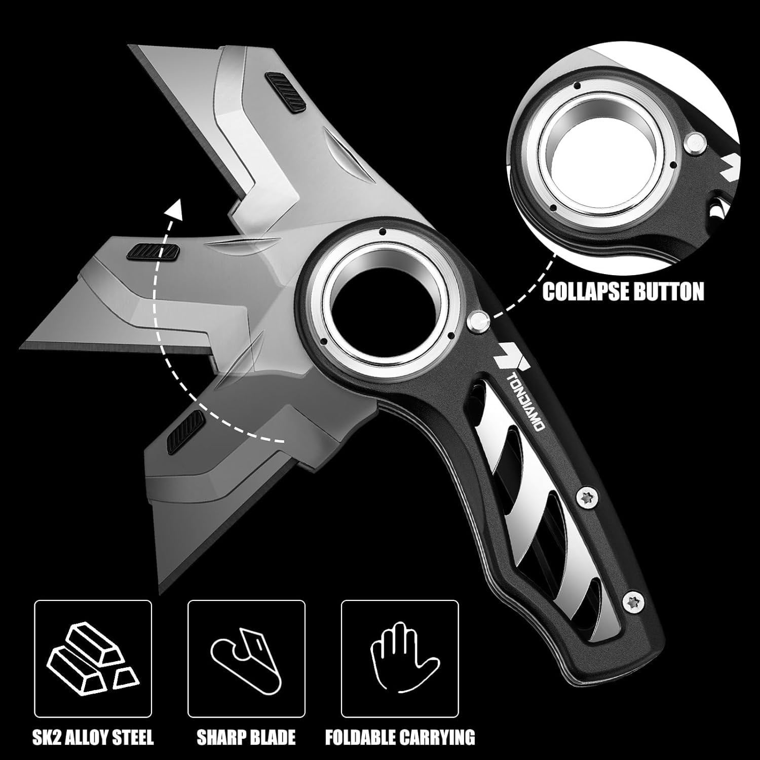 2 Pcs Folding Pocket Utility Knife Heavy Duty Box Cutter Folding Razor Knife with Anti Slip Finger Loop Easy Change Blades 3 Lock Positions Design (Black)