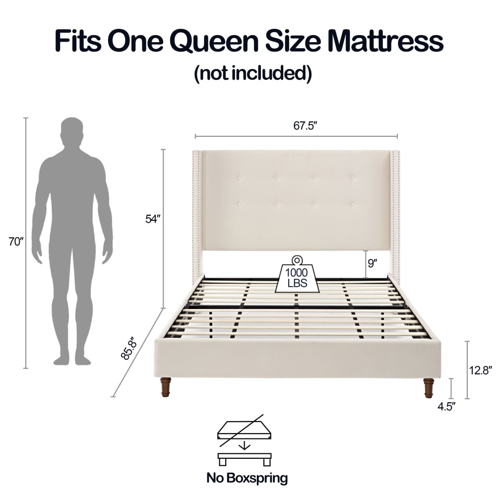 Tcbosik Queen Size Bed Frame, Upholstered Velvet Platform Bed with Button Tufted Headboard, No Box Spring Needed, Ivory