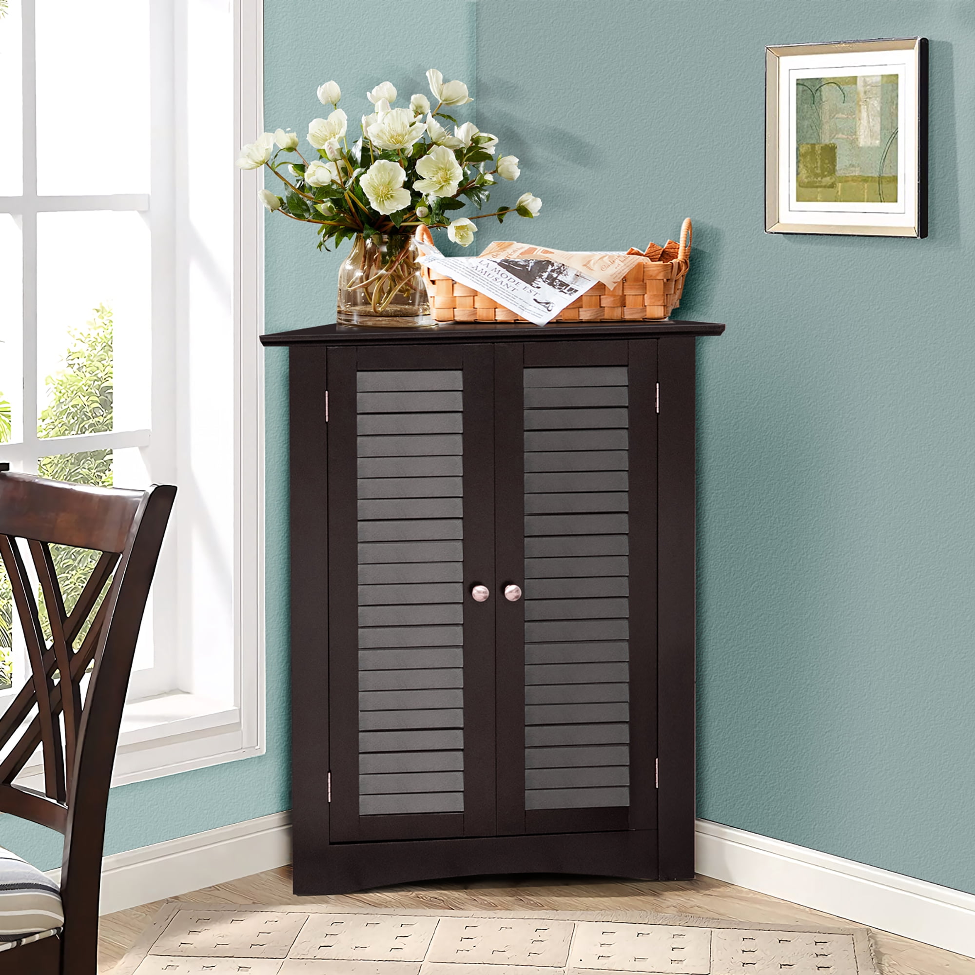 Corner Storage Cabinet Freestanding Floor Cabinet Bathroom w/ Shutter Door Brown