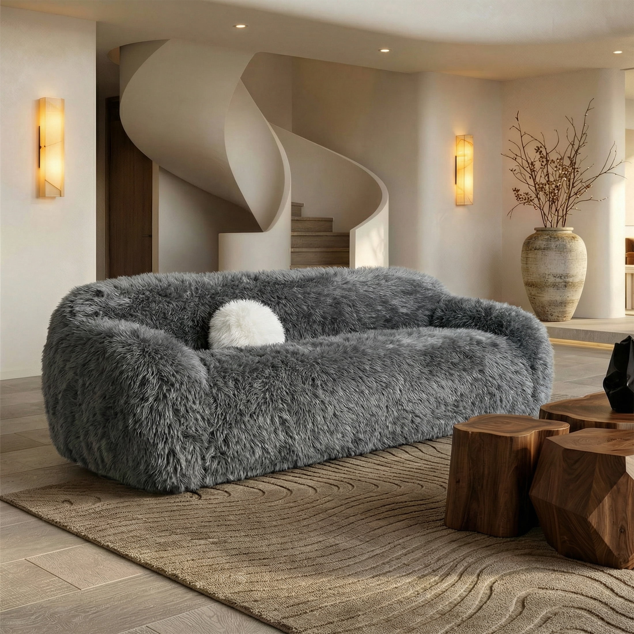 Aukfa 84" Comtemporary Plush Faux Fur Sofa, Pet-Friendly Couch for Living Room, 25" Deep Seat, Gray