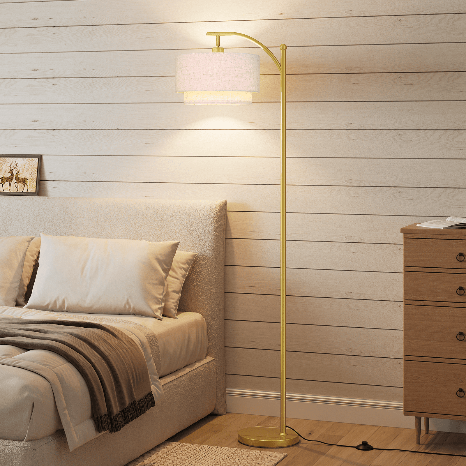 SUNMORY Arc Floor Lamp, Modern Corner Standing Lamp with Unique Hanging Douoble Drum Lampshade for Living Room, Bedroom, Study Room