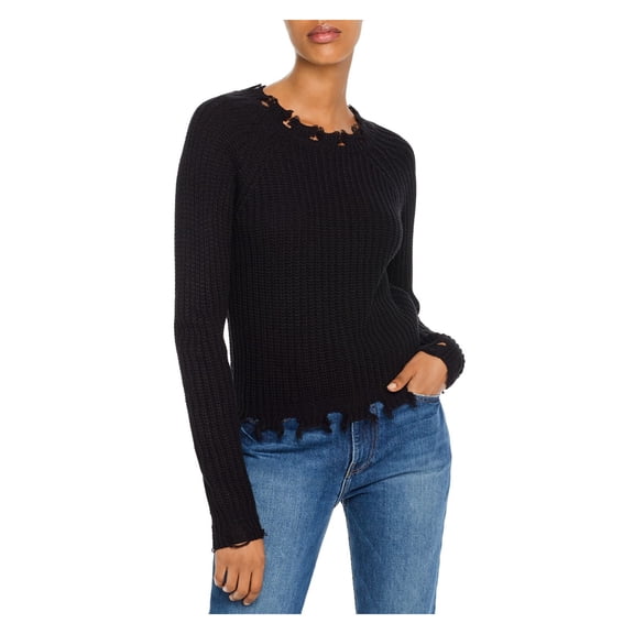 AQUA Womens Black Distressed Shaker-stitch Long Sleeve Scoop Neck Sweater XS
