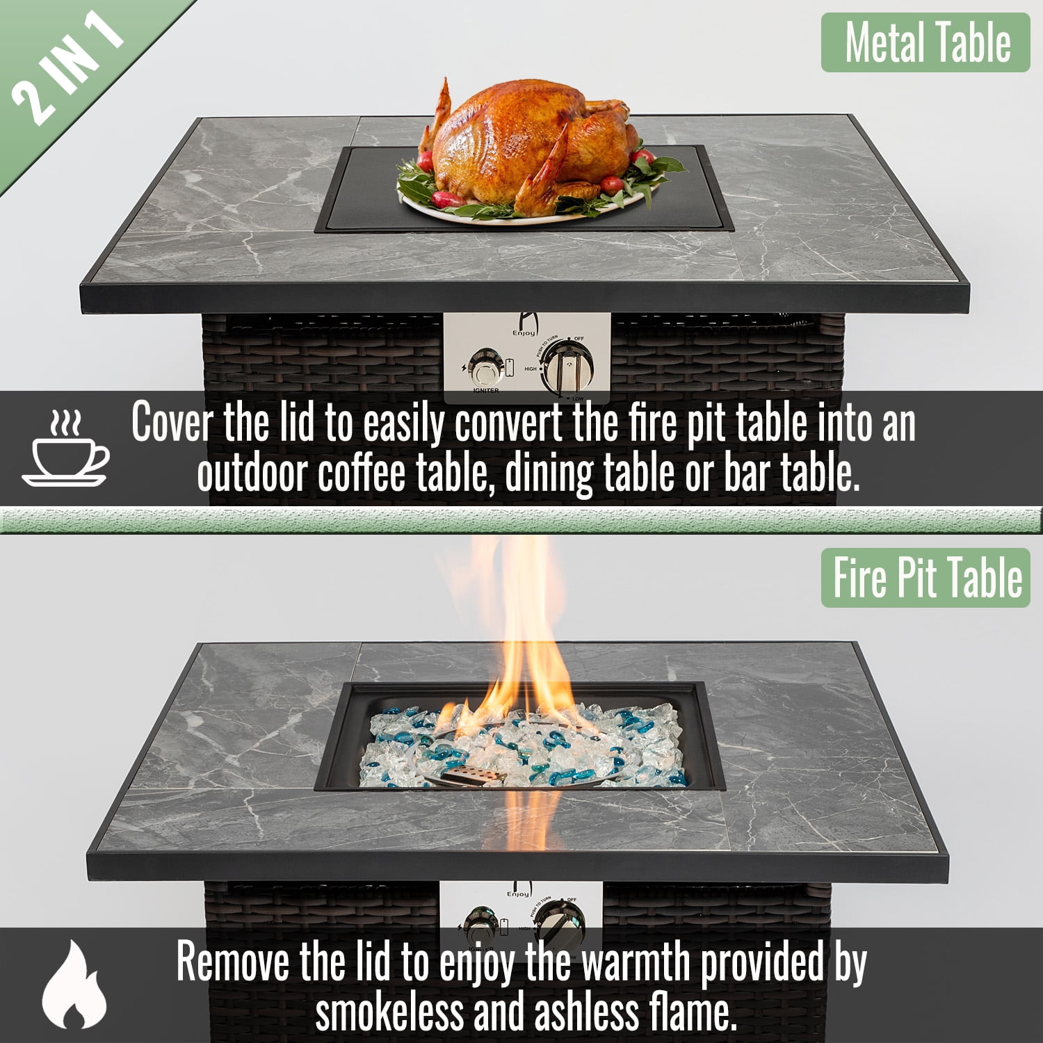 E-Western 30-Inch Propane Gas Fire Pit Table with Tile Top and Wicker Base 50,000 BTU Outdoor Fire Table for Patio Garden Courtyard Brown
