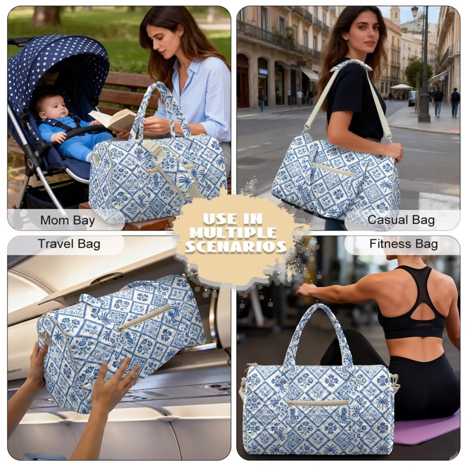 Pzuqiu Blue Floral Quilted Weekender Bag for Women Polyester Fabric Large Capacity Puffer Travel Duffle Carry On Tote with Luggage Sleeve for Gym Overnight Trips Versatile