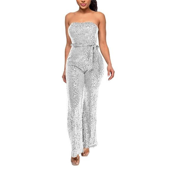 PMVFHDE Women's Long Dress For Holiday Party Strapless Off-Shoulder Bustier Sequin Jumpsuit Dresses For Women White,S