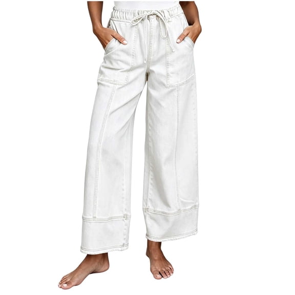 Levmjia Women's Wide Leg Jeans High Waisted Baggy Denim Pants Elastic Drawstring Waist Casual Loose Fit Trousers with Pockets